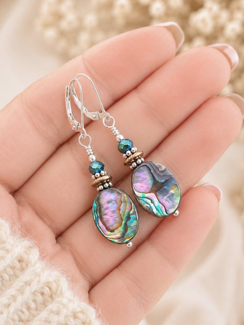 Abalone Earrings With Sterling Silver Leverback Earwires - Picture 3 of 11